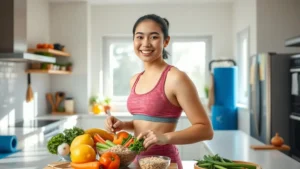 Wanita sehat sedang menyiapkan makanan alami dengan sayur dan buah segar di dapur